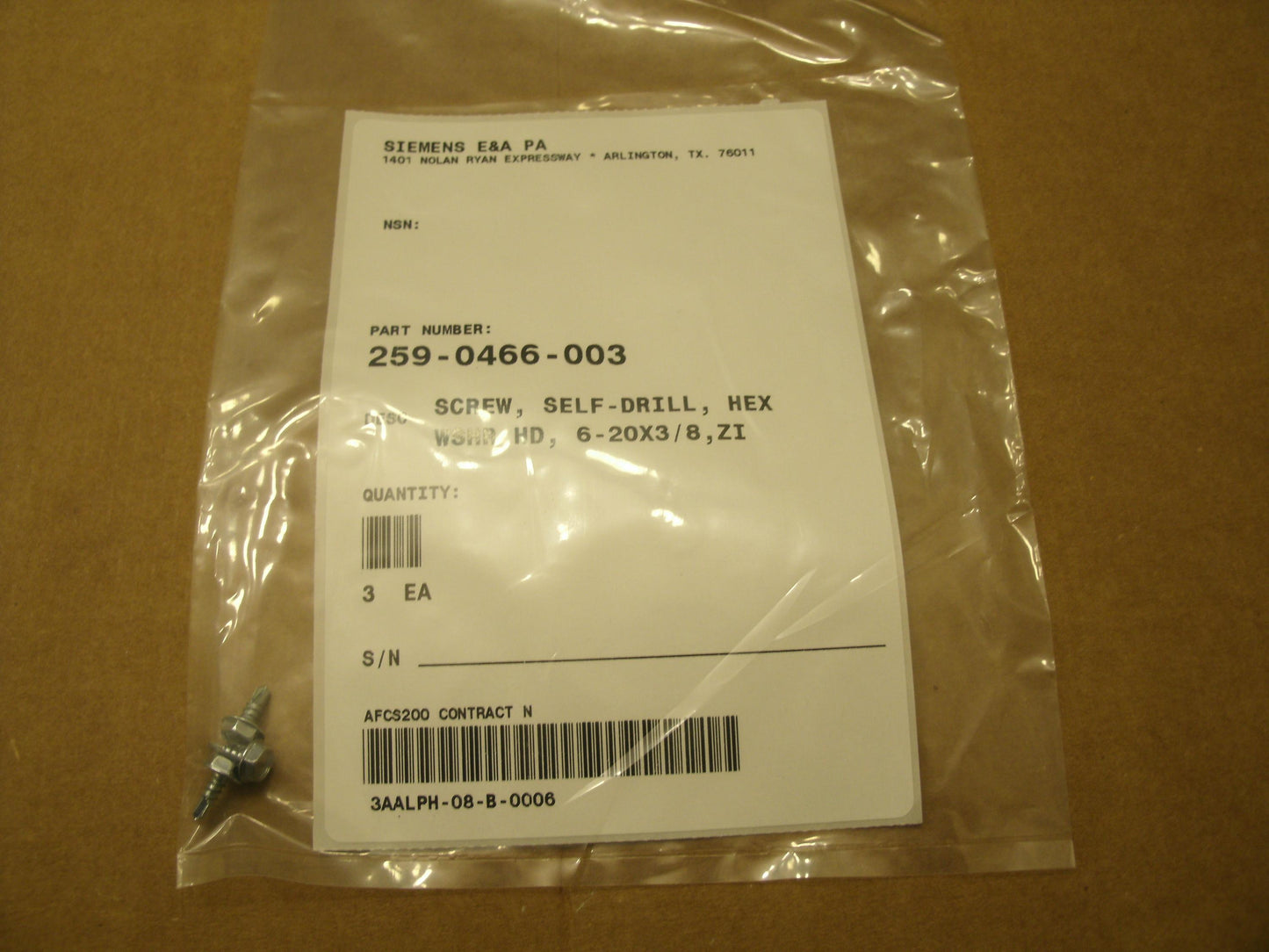 Siemens 259-0466-003 Screw. 3 Each. Screw. New.