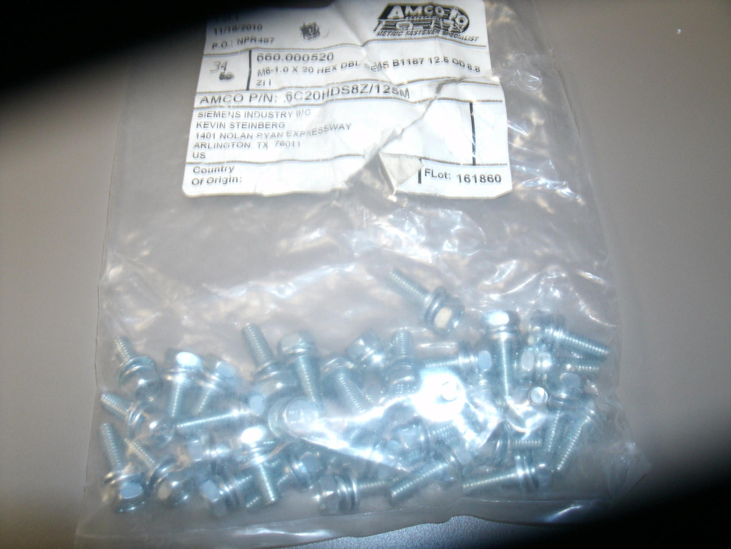 Amco 660.000520 M6-1.0 X 20 Hex DBL Sems. New.