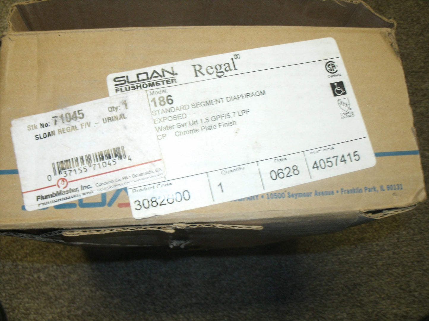 Sloan 186 Exposed Standard Segment Diaphragm Urinal. New.