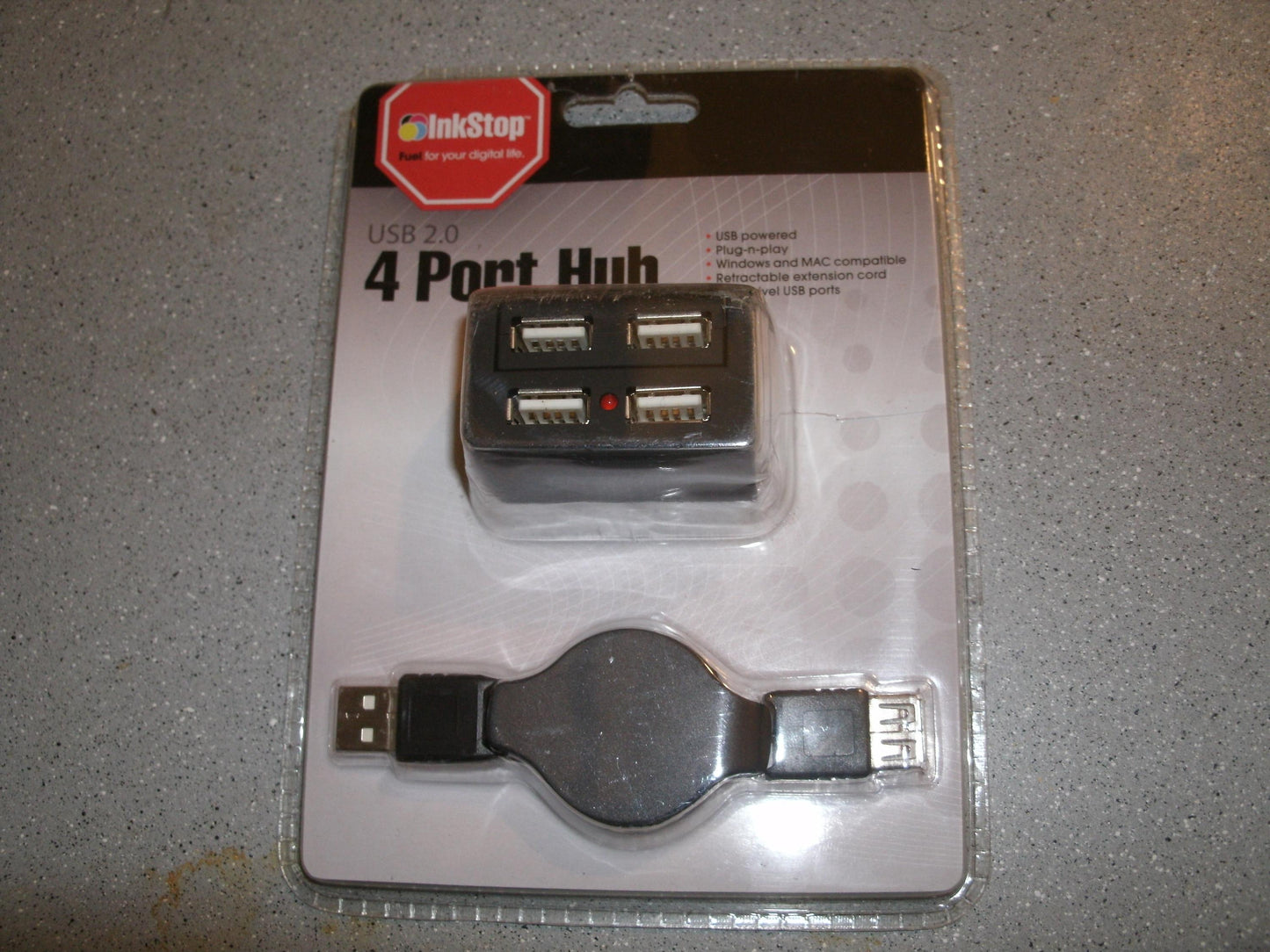 InkStop USB 2.0 4 Port Hub. Retractable Extension RJ45 Cord.