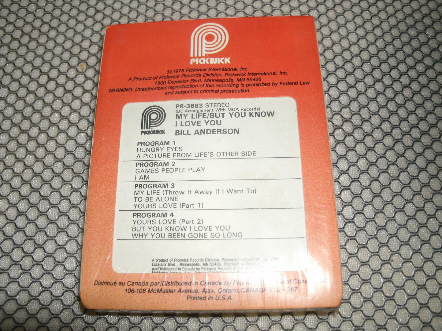 Bill Anderson. My Life. 8 Track Tape. New. P8-3683.