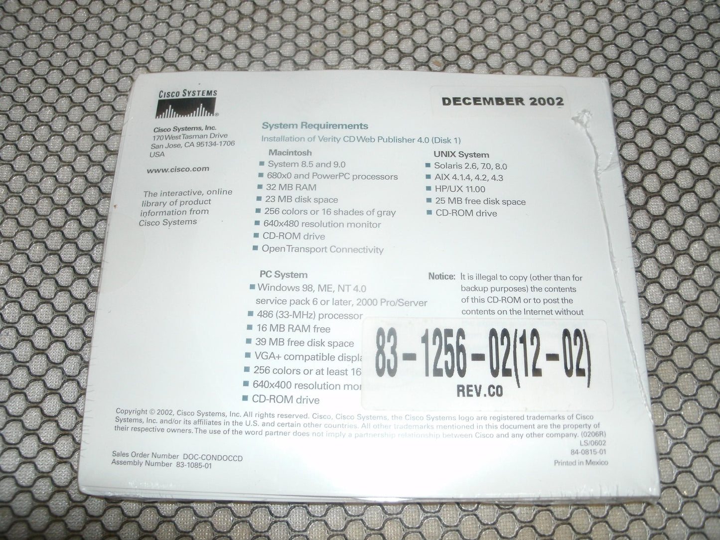 Cisco 83-1256-02 Information Packet and Product Documentation.