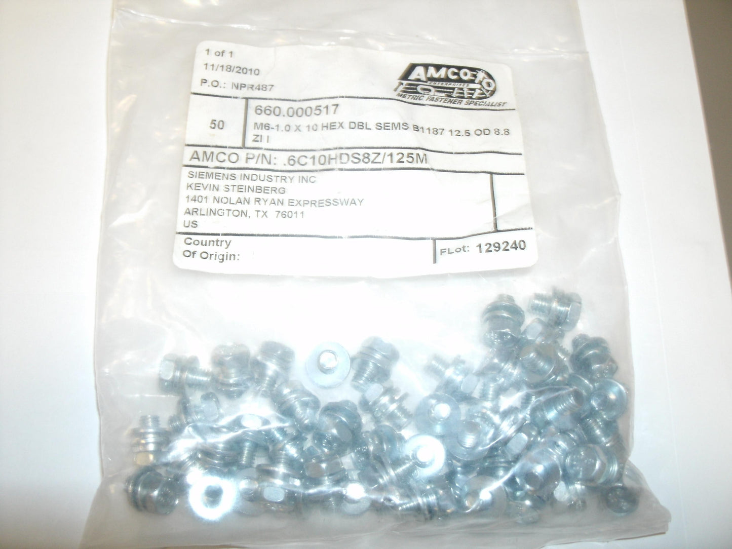 Amco .6C10HDS8Z M6-1.0 X 10 Hex Double SEM Screws.