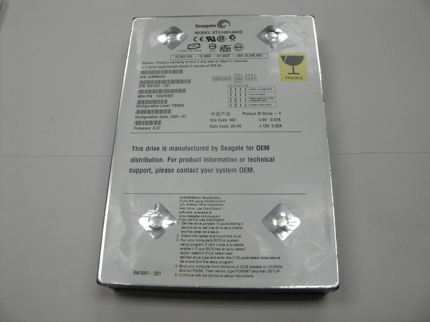 Seagate ST310014ACE 10.2 GB Hard Drive. New.