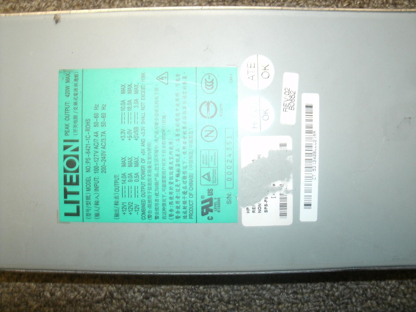 Liteon PS-6421-1C-ROHS. Used. 420W Max. Working Pull.