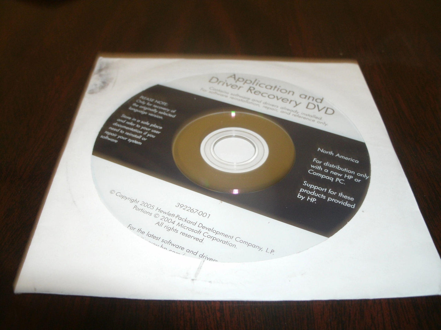 HP 392267-001 Application and Driver Recovery DVD. New. OEM.