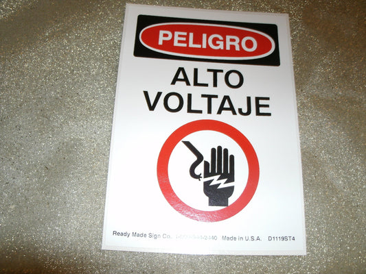 Peligro Alto Voltaje Sign. Spanish. Vinyl Sign. New.