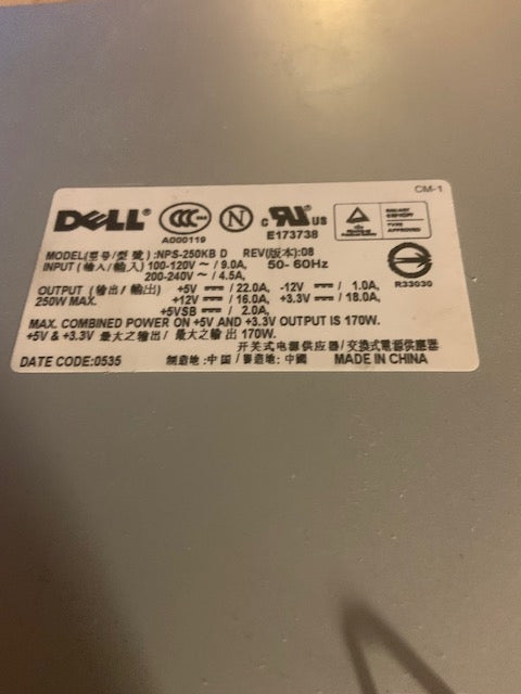Dell NPS-250KB D Power Supply. Working Pull.